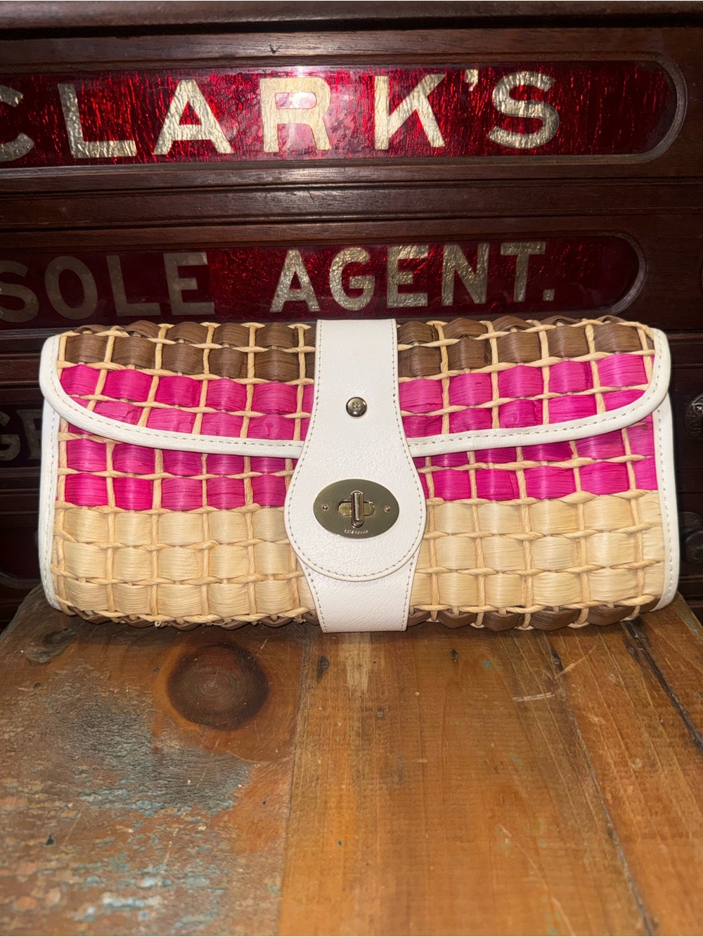 kate spade Pink, Natural & Brown Woven Straw Foldover Clutch with White Trim